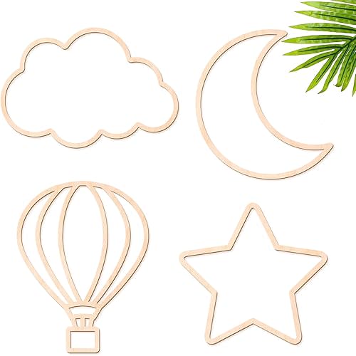 4 Pieces Boho Nursery Cloud Star Wall Decor Wooden Babyroom Moon Rattan Wall Decor Wooden Rainbow for Children Baby Kids Boys Girls Bedroom Nursery Pendant(Cloud Star Moon Hot Air Balloon)
