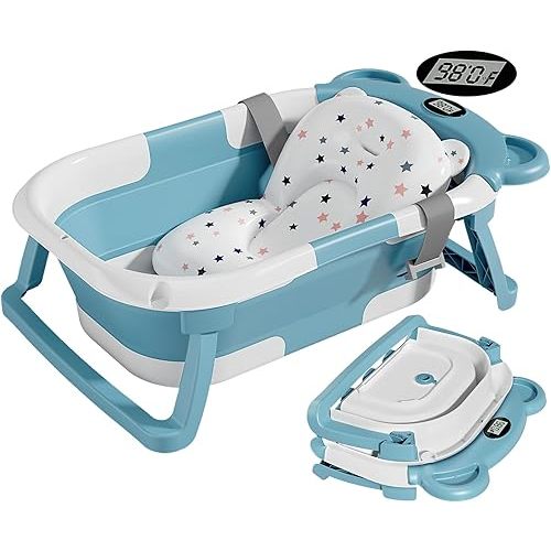 TPN Collapsible Baby Bathtub for Infants to Toddler with Real-time Temp Monitor+Floating Cushion,Foldable Baby Bath Tub Set Applicable 0-36 Month,Perfect Portable Travel Baby Tub for Newborns Boy