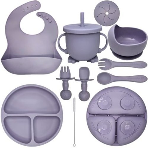 HippoBaby Baby Led Weaning Supplies | 10 Piece Silicone Feeding Set | Baby Toddler Bib Cup Divided Plate and Bowl Self Feeding Spoons Dish Set || Toddler Feeding Supplies (Lavender)