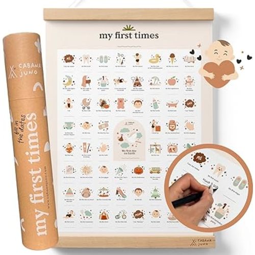 Poster My First Times - Personalize with Dates, Baby Keepsake, Newborn Keepsake, Milestone Board, Ideal for Baby Shower | Gift Box with My First Times Poster 16 x 24 inches + Wooden Poster Hanger