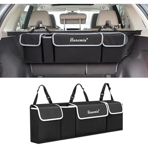 Car Trunk Organizer and Storage, Backseat Hanging Organizer for SUV, Truck, MPV, Waterproof, Collapsible Cargo Storage Bag with 4 Pockets, Car Interior Accessories (Black)