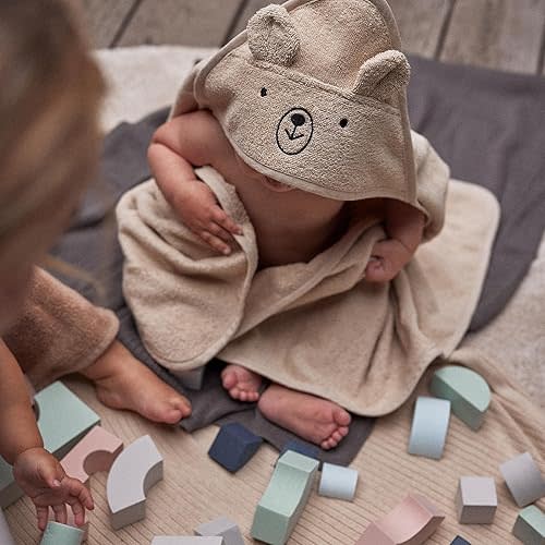 Baby Hooded Towel – Organic Cotton Baby Bath Towels – Baby Towels, Baby Bath Towels for Baby Boy, Baby Girl, 32" x 32" Super-Soft and Absorbent Baby Towels for Newborn (Bear - Fog)