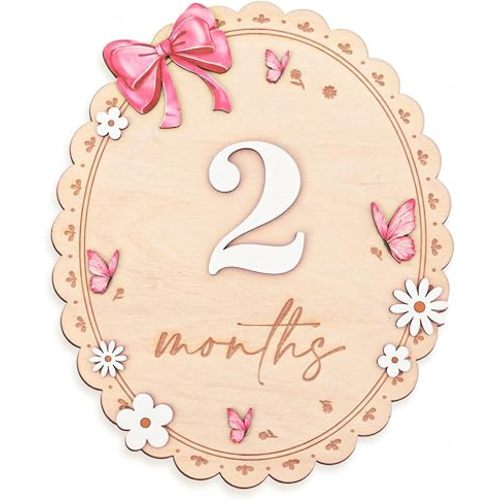 Wooden Baby Monthly Milestone Sign Set with Pink Bow, 1–12 Month Photo Prop, Floral Round Baby Girl Growth Tracker, Nursery Decor Keepsake Gift (m-Oval)