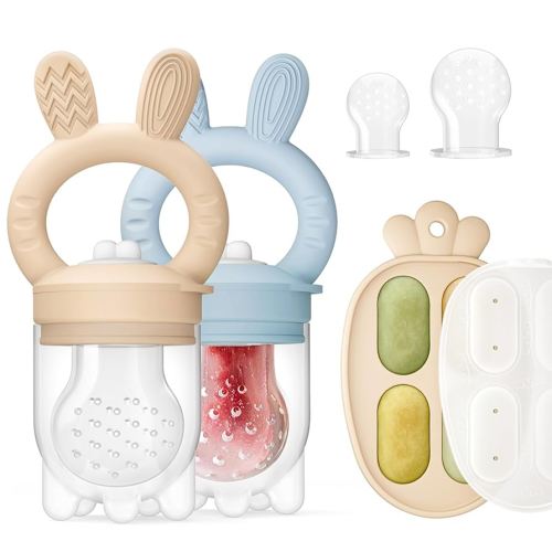 2 Packs Baby Fruit Feeder & Freezer Nibble Tray Combo, Push Pop Baby Food Feeder to Safely Introduce New Foods, Fresh & Frozen Food Silicone Feeder, 100% Food Grade, BPA Free (Caramel & Blue)