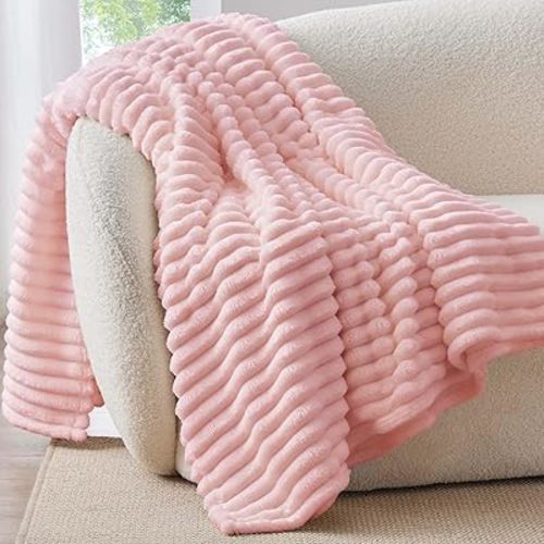 BEDELITE Fleece Throw Blanket for Couch - 300GSM Soft & Warm Fluffy Pink Blanket, Decorative and Giftable Striped Blankets for Women, Men, 50"x60"