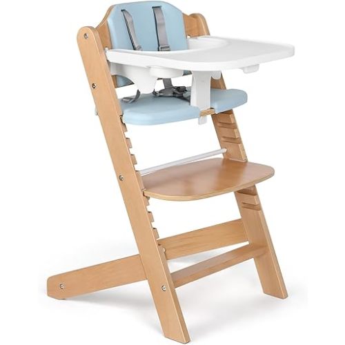 Cowiewie 3-in-1 Convertible Baby Natural Wooden Highchair with EVA Cushions with2 Tray, 8 Adjustable High Chairs for Babies/Toddlers/Adults,5-Point Harness & 2 Waterproof Cozy Cushion Blue