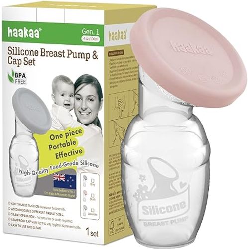 haakaa Manual Breast Pump Breastfeeding Pump with Food Grade Silicone Cap (Blush) 4oz/100ml - 4 oz/100 ml + Lid - Clear&blush