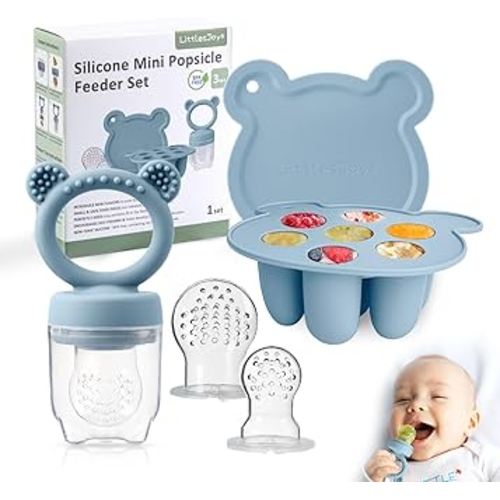 Baby Fruit Feeder & Freezer Tray Set, Silicone Baby Food Feeder for Safe Infant Self Feeding, Baby Breast Milk Popsicle Mold, BPA Free for 3 Month+, Additional Silicone Pouches (Ether)