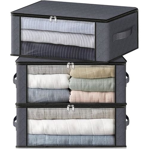 HomeHacks Storage 3-Pack Clothes Organizer Storage Bags Foldable Storage Box with Large Clear Window Sturdy Handles for Closet, Dorm, Pillows, Bedding, Clothes, Blankets, 35L, Gray