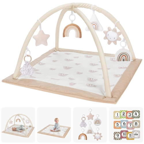 Washable Tummy Time Mat, Baby Play Gym with 6 Featured Toys and 12 Milestone Cards, Baby Gym for Infant & Toddler, Deluxe Larger Baby Play Mat, Baby Play Mats for Floor, Non Slip Mats