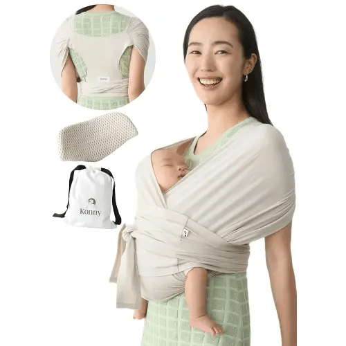 Konny Baby Carrier Flex SoftBreeze with Head Support - Adjustable, Easy to Wear Baby Wrap Sling, Perfect for Newborn Babies Essentials up to 44 lbs (XS-XL) - Neutral Beige