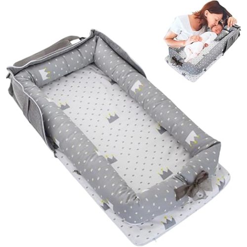 Baby Lounger for Newborn Portable Bag,Baby Nest Co Sleeping for Baby in Bed with Strap,Newborn Lounger Adjustable Size & Inner Zipper Lengthen Space to 24 Months,Crown Grey