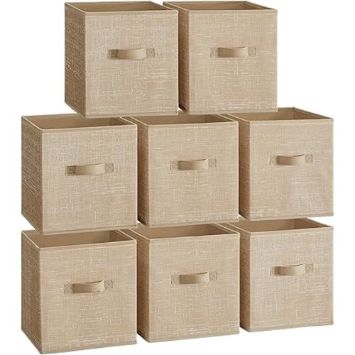 SONGMICS Storage Cubes, 11-Inch Non-Woven Fabric Bins with Double Handles, Set of 8, Closet Organizers for Shelves, Foldable, for Clothes, Sand Beige UROB826K03