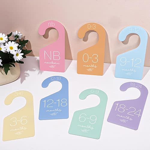 Whaline 7Pcs Baby Closet Size Dividers Macaron Colors Acrylic Hanger Clothes Organizers Newborn to 24 Month Thicken Infant Wardrobe Separators for Home Nursery Baby Clothes