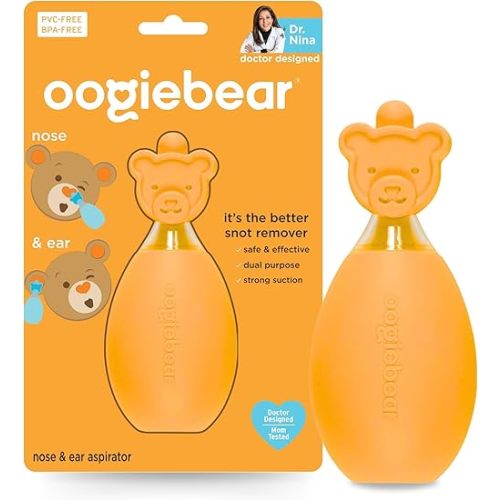 oogiebear: Baby Nasal Aspirator - Safe Booger & Earwax Remover for Newborns, Infants, Toddlers - Better Syringe, Airtight Suction, Nose Sucker - Essential Baby Stuff, Diaper Bag Must-Haves, Orange