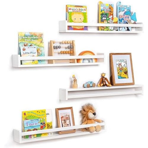 Fun Memories Nursery Book Shelves - Rustic Natural Solid Wood Floating Bookshelf for Kids - Wall Book Shelves for Kids Room (White, 32inch - 4P)
