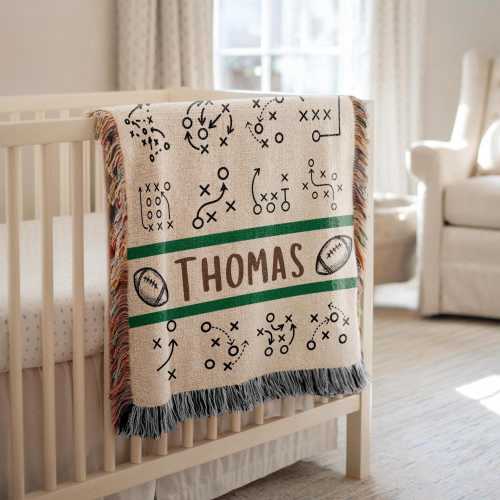 Personalized Football Playbook Woven Blanket, Custom Name Football Blanket, Game Day Sports Throw, Coach Gift Idea, Boys Room Decor Gift