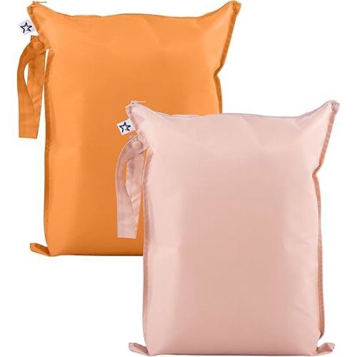 Tiny Twinkle Mess proof Waterproof Wet Dry Bag,2pk Reusable Wet Bags for Swimsuits&Baby Clothes,Leakproof Wet Bag,Waterproof Bag for Travel&Diaper bag,Wet Bags for Baby (Taupe, Dandelion)