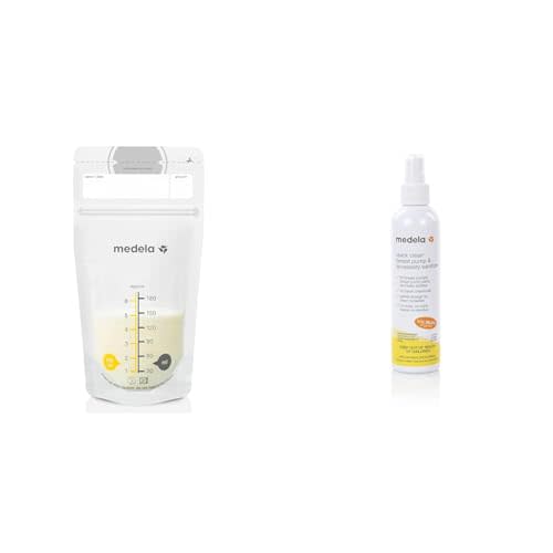 Medela Breast Milk Storage Bags 100 Count with Quick Clean Breast Pump Sanitizer Spray 8 Fluid Ounces