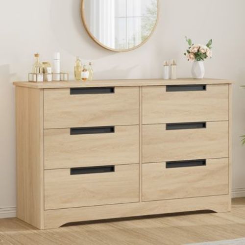 6 Drawer Dresser for Bedroom, Natural Double Dresser Organizer with Embedded Handles Design, Wooden Chest of Drawers for Living Room Nursery Hallway