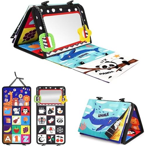 URMYWO Tummy Time Toy - Black and White High Contrast Baby Toys for Newborn - Baby Visual Stimulation Mirror - Montessori Sensory Crinkle Toy for Infant 0-3-6-12 Months - Shower Gift for Boy Girl