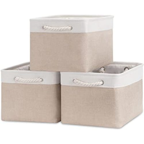 Bidtakay Large Fabric Baskets with Handles [3-Pack] Collapsible Storage Basket for Shelves 15 X 11 X 9.5 inches Canvas Bins for Closet Organization (White&Beige)