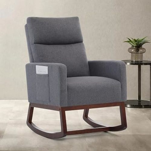 Rocking Chair Nursery, Modern Upholstered Glider Rocker Chairs with Wood Legs and Side Pockets Comfy High Back Nursing Armchair for Small Spaces Indoor Living Room Bedroom Darkgray