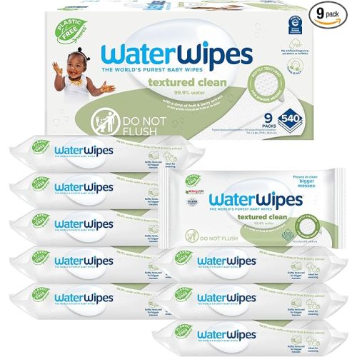 WaterWipes Plastic-Free Textured Clean, Toddler & Baby Wipes, 99.9% Water Based Wipes, Unscented & Hypoallergenic for Sensitive Skin, 540 Count (9 packs), Packaging May Vary