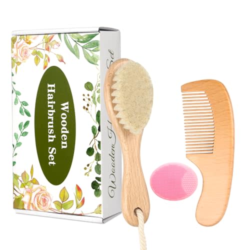 Wooden Baby Hair Brush and Comb Set, 3Pcs Natural Soft Goat Bristles Brush Cradle Cap Comb Baby Shower Scrubber Perfect Scalp Grooming Product for Newborn, Toddler, Infant (Pink)