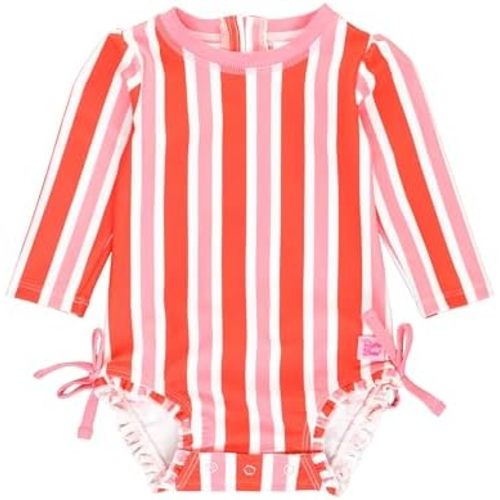 RuffleButts Baby Girls UPF 50+ Sun Protection Novelty Print Long Sleeve One Piece Rash Guard Swimsuit with Zipper