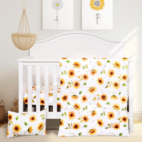JISEN 3 Piece Baby Crib Bedding Set for Girls - Soft Floral Crib Comforter Set with Crib Sheet Comforter and Pillowcase Sunflowers