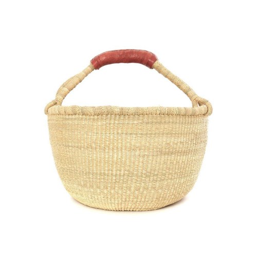 Large Bolga Basket: Natural Straw Woven Shopping Basket with Leather Handle
