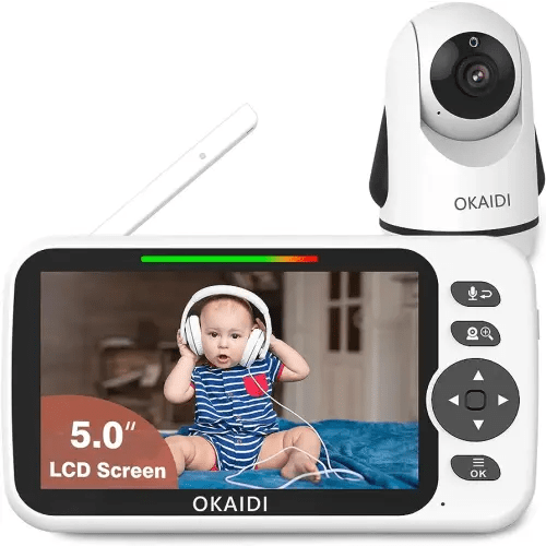 OKAIDI Video Baby Monitor with Camera and Audio, 5" Display Baby Monitor No WiFi, 30H Battery and 1000ft Range Baby Monitor, Remote Pan-Tilt-Zoom Baby Camera, Night Vision, 2-Way Talk, VOX,Temperature