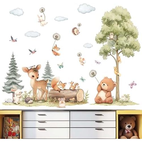 Woodland Animals Wall Stickers for Nursery: Baby Kids Boys Girls Bedroom Wall Decals - Jungle Safari Bear Fox Deer
