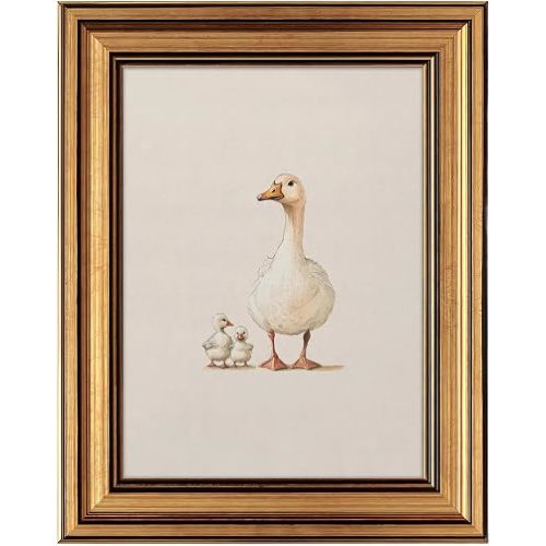 Vintage Gold Framed Goose Wall Art, Mother Goose and Ducklings Canvas Print, Spring Farmhouse Nursery Decor, Cottagecore Animal Painting for Bathroom Bedroom Kids Room, 9x11 Inch