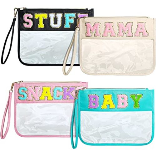 4 Pcs Chenille Letter Pouch Flat Nylon Clear Snack Bags Flat Multipurpose Zipper Makeup Bag for Travel Toiletry Bag Water-proof Cosmetic Pouch for Women Teen Girls (Simple Style)