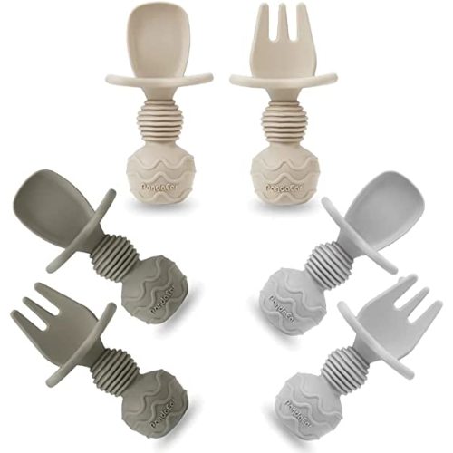 PandaEar 6 Pack Silicone Baby Spoons and Fork Feeding Set- Anti-Choke First Self Feeding Utensils for Baby Led Weaning Ages 3 Months