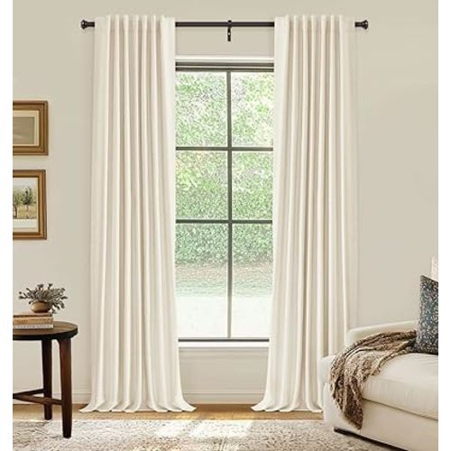 INOVADAY 100% Blackout Curtains for Bedroom, Thermal Black Out Curtains, Back Tab/Rod Pocket Linen Blackout Drapes, Room Darkening Drapes for Living Room, 52''W x 72''L, Cream