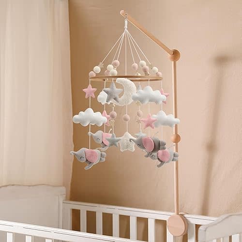 Elephant Mobile for Crib - A Beautiful Elephant Crib Mobile with Stars and Clouds and Grey Elephants with Pink Detail