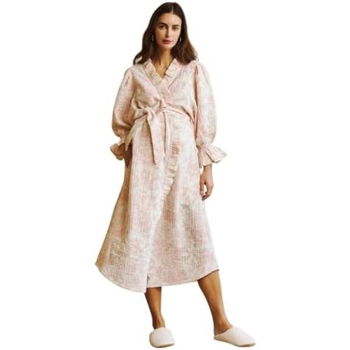 NOTHING FITS BUT Muslin Gauze Maternity Robe for Hospital, Nursing Nightgown Puffed Sleeves Cotton Delivery Gown