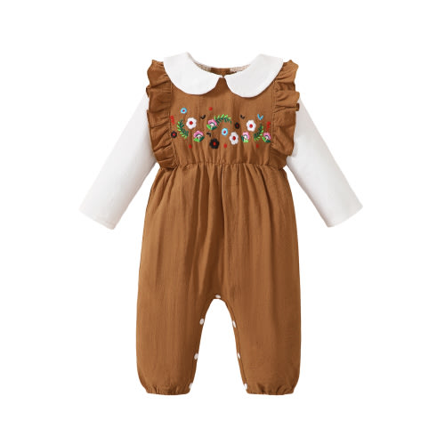 KIMI BREA Newborn Baby Girls Bodysuits 0-3 Months Fall Winter Clothes Lapel Long Sleeves ROmper Floral Embroidery Fake 2pcs Jumpsuits Brown