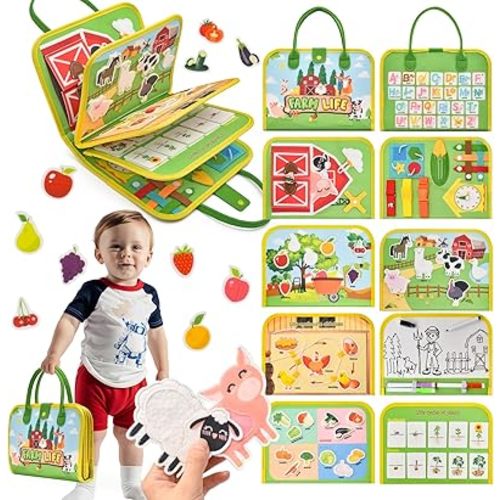Toddler Busy Board Montessori Toys, Sensory Board Busy Book for Toddlers 1-3 Birthday Gifts - Preschool Learning Life Skills, Farm Green, 8 Pages