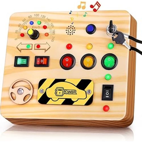 Busy Board for Kids, Montessori Toys with LED Light, Wooden Sensory Toys for Children Activity for Boys & Girls, Birthday Gift for Children