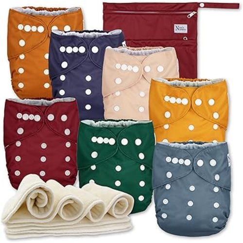 Nora's Nursery AWJ Cloth Diapers 7 Pack with 1 Wet Bag - Waterproof Cover, Washable, Reusable & One Size Adjustable Pocket Diapers for Newborns and Toddlers - Pacific Neutrals