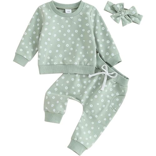 Mandizy Baby Girl Clothes Set Fall 3 6 9 12 18 24 Months Long Sleeve Sweatshirt & Floral Print Pants & Headband Outfits