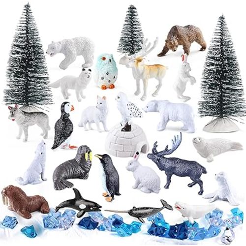 56Pcs Arctic Animal Toy, Mini Figures Polar Bear, Penguin, Caribou, Snowy Owl, Pine Trees, Ice Igloo Rocks for Kids School Project Diorama Sensory Cake Decorations Party Gift