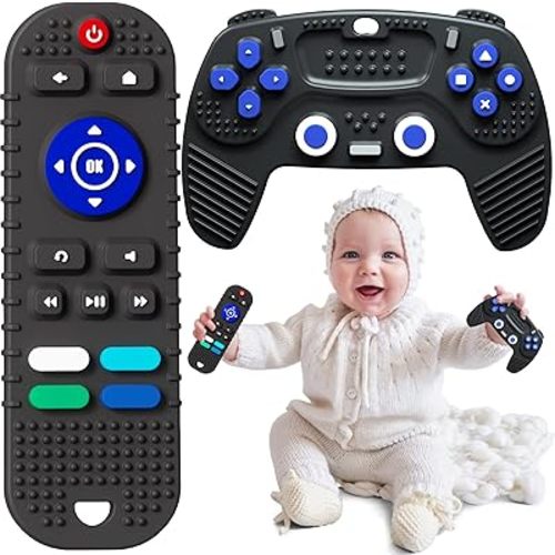 2 Pack Remote Control and Game Controller Teething Toys for Baby 3 Months and Up, Chew Toys for Boys and Girls Gifts (Black)