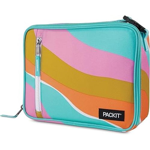 PackIt Freezable Classic Lunch Box, Retro Wave, Built with ECOFREEZE Technology, Fully Freezable, Collapsible, Reusable, With Zip Front Pocket and Buckle Handle, Designed for Fresh Lunch On the Go