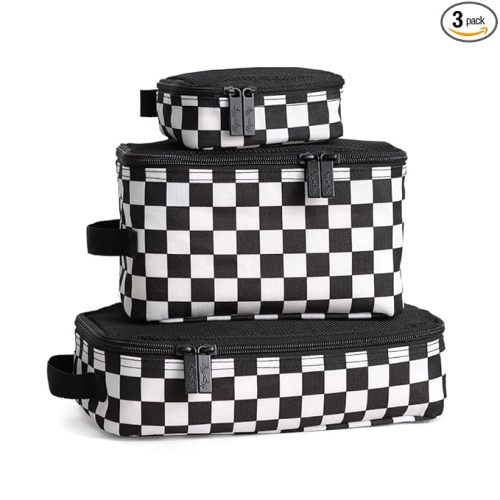 Itzy Ritzy Packing Cubes for Travel – Set of 3 Packing Cubes or Travel Organizers - Each Cube Features a Mesh Top, Double Zippers and a Fabric Handle (Black & White Checkerboard)