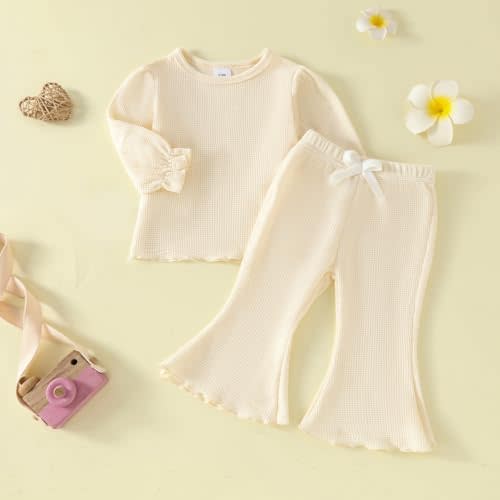 Baby Girl Fall Outfit Toddler Girl Winter Clothes Baby Lantern Sleeve Top and Flared Pant 2-Piece Waffle Clothing Set